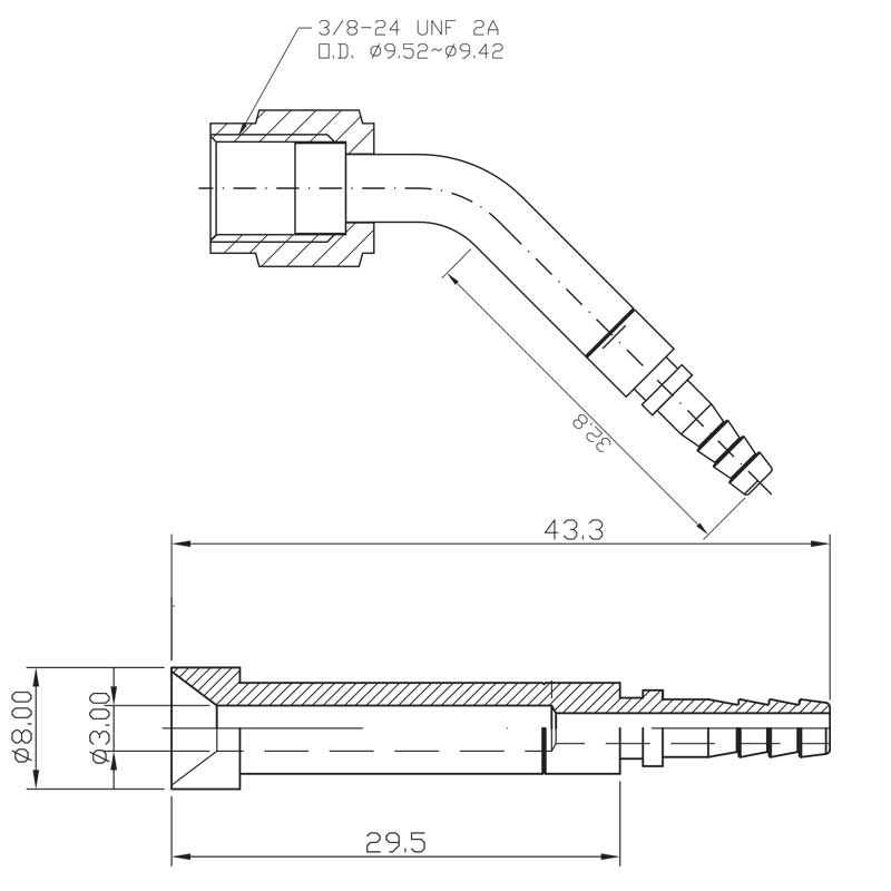 Brake fitting female 3/8-24 45 degree Stainless steel
